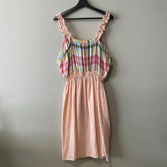 Handmade Plus Size Cotton Linen Pink Peach White Elastic Straps Dress - Picture 2 of 13